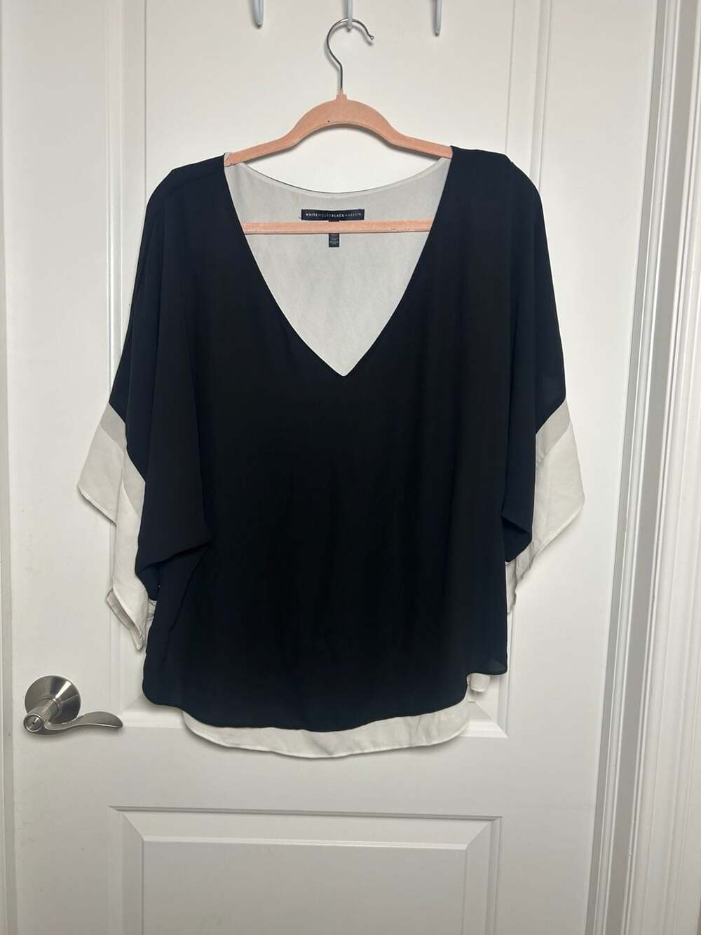 White House Black Market Blouse Size L Black White Chiffon Overlay